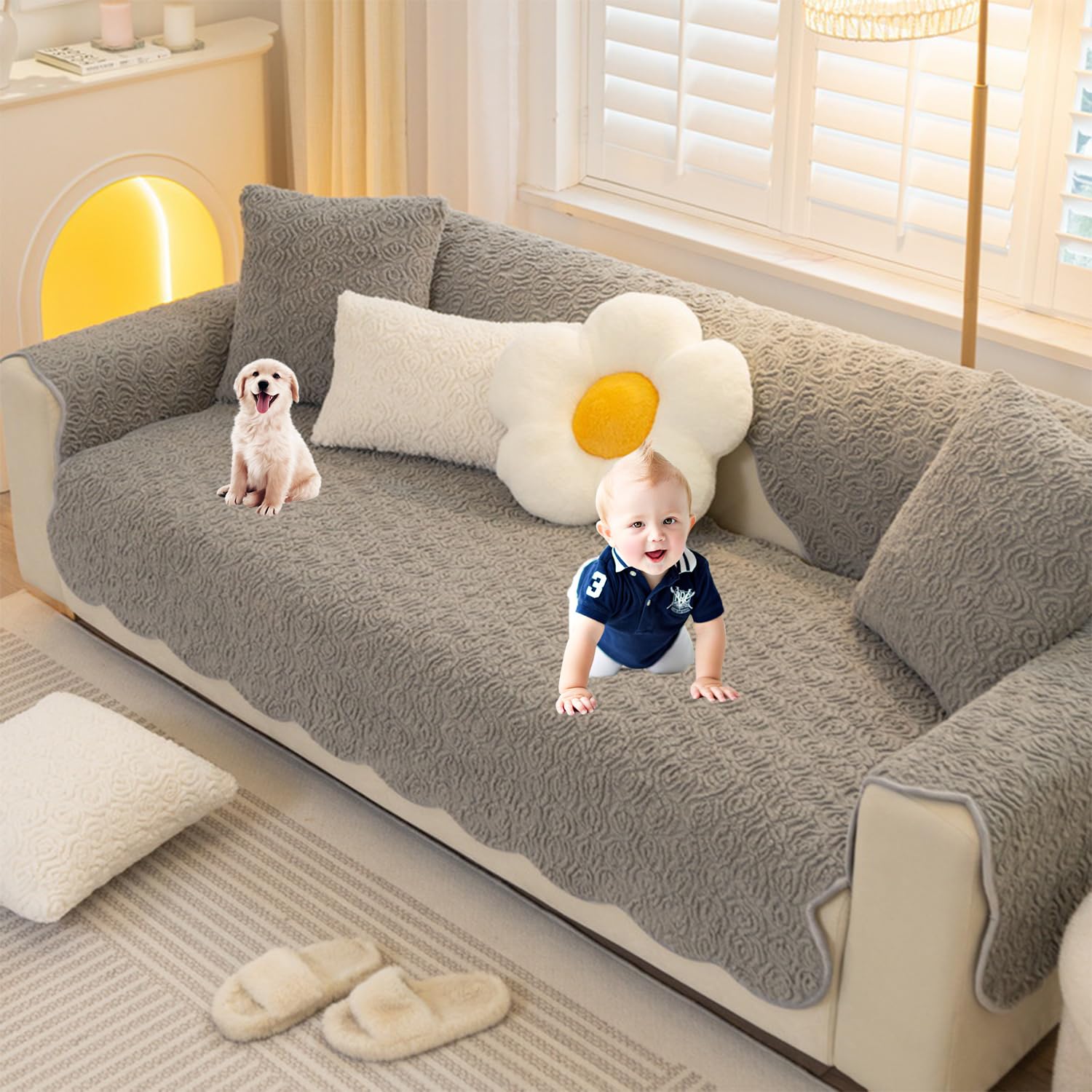 Amazon.com: KCCRHIN Plush Couch Cover Wave Shape Couch Cover for 3